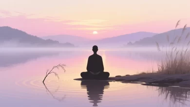 Stilisierte Silhouette sitzt am Seeufer bei Sonnenaufgang, symbolisiert innere Ruhe und Achtsamkeit.