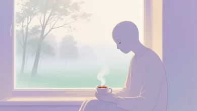 Ruhige Person am Fenster im sanften Morgenlicht, hält eine Tasse Tee, Blick nach innen, sanfter Nebel über Bäumen draußen, Symbol für innere Klarheit trotz äußerer Unsicherheit.