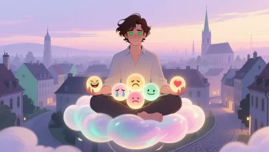 Fiktiver deutscher Charakter, Emotionen wahrnehmen und steuern, meditierend auf Wolke über Stadt, hält farbige Emotionskugeln, Pastelltöne, sanfte Farben, künstlerisch, keine echten Menschen.