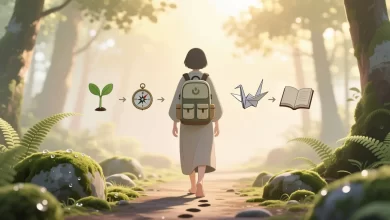 Person geht auf einem sanft beleuchteten Waldpfad, trägt leichten Rucksack mit symbolischen Taschen für kleine Entwicklungsschritte, pastellfarbene Morgenstimmung, sanftes Licht, keine erkennbaren Gesichtszüge, Symbol für innere Klarheit, Balance und persönliche Entwicklung.