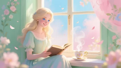 Künstlerische Pastell-Illustration einer fiktiven jungen Frau mit hellblondem Haar und blauen Augen – entspannt mit Buch und Tee, Symbol für Gelassenheit und Inspiration.