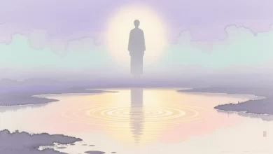 Abstrakte menschliche Silhouette vor ruhiger Wasseroberflaeche, symbolisch fuer Gefuehle beobachten ohne zu urteilen, pastellfarbene Töne und sanftes Licht.