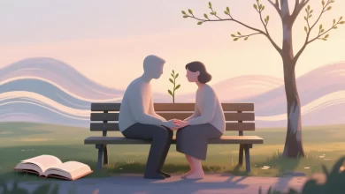 Zwei Personen auf Parkbank im Abendlicht, symbolisieren Verständnis und achtsame Kommunikation.