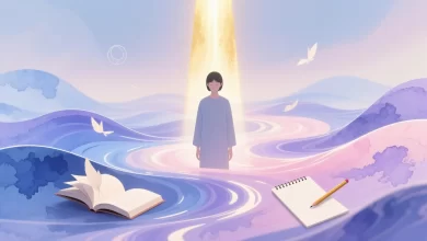 Person steht ruhig inmitten fließender Pastellfarb-Wellen, symbolisch fuer mentale Flexibilitaet im Alltag, mit Buch, Notizblock und sanftem Lichtstrahl.