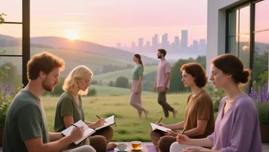 Menschen beim Journaling, bewussten Atmen, Spazieren und Teetrinken in harmonischer Morgenstimmung, symbolisch fuer mentale Gesundheit durch kleine Routinen.