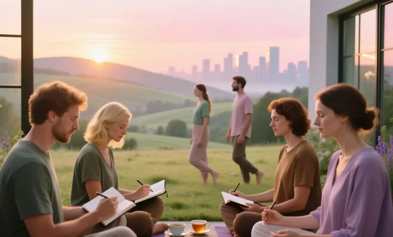 Menschen beim Journaling, bewussten Atmen, Spazieren und Teetrinken in harmonischer Morgenstimmung, symbolisch fuer mentale Gesundheit durch kleine Routinen.