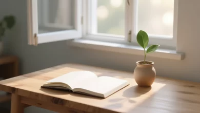 Minimalistischer Raum mit Notizbuch, Pflanze und Tageslicht, symbolisiert innere Ruhe und Klarheit.