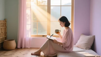Person sitzt am Fenster in ruhiger Morgenstimmung mit Tee oder Kaffee, Notizbuch und Stift bereit, minimalistische Umgebung aus natürlichen Materialien, sanftes Sonnenlicht, pastellfarbene Töne, Symbol für innere Klarheit und nachhaltige Motivation.