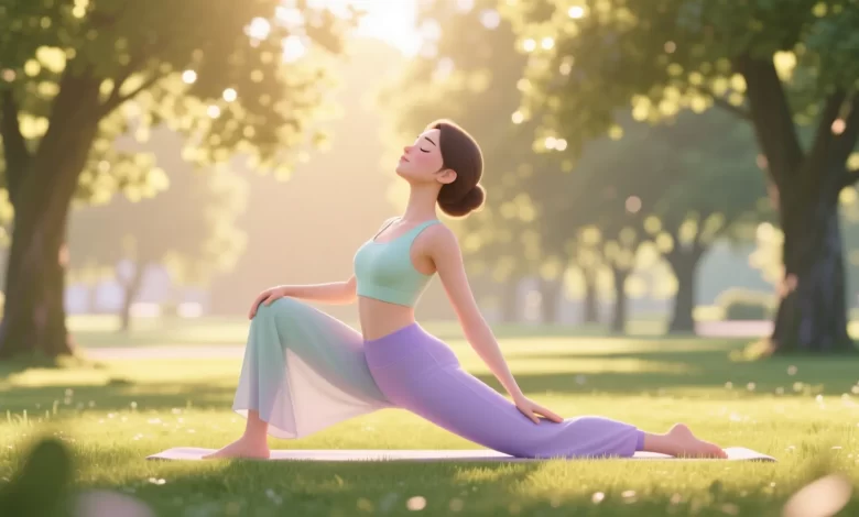 Stilisiertes Pastellbild einer Person beim Dehnen im Park mit Morgensonne, symbolisiert gesunde Fitness-Routine im Alltag.