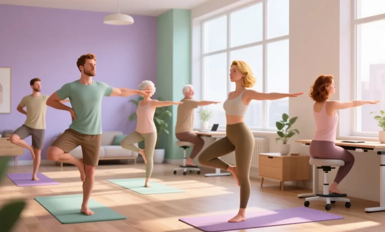 Menschen machen Dehnübungen und Yoga gegen Rückenschmerzen in hellem Raum.