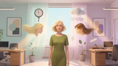 Imaginäre Büro-Szene zur Stressbewältigung: Figuren in Pastelltönen umgeben von schwebenden Stress-Symbolen, beruhigende Pflanzen und Lichtstrahlen zeigen Balance zwischen Chaos und Ruhe.
