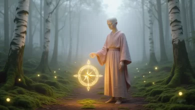 Fiktive Figur in Pastelltönen auf nebligem Waldweg mit leuchtendem Kompass, Symbol für emotionale Klarheit, innere Orientierung und nachhaltige Motivation.