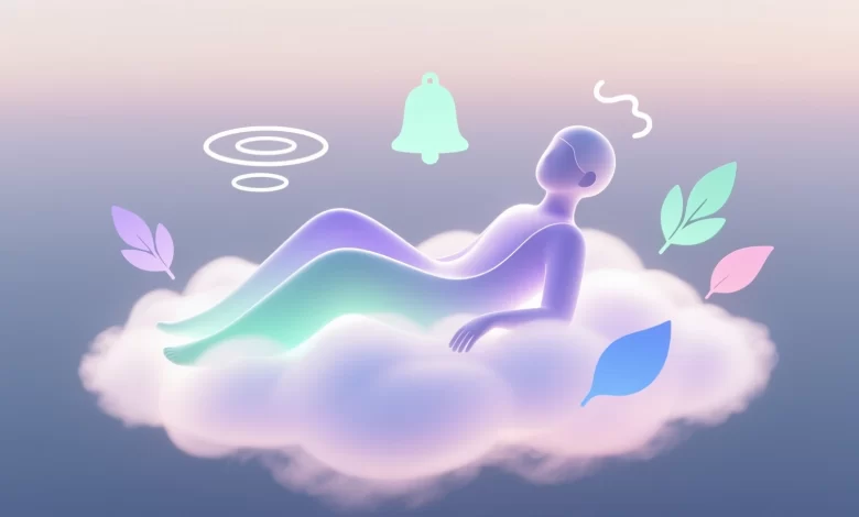 Stilisiertes Pastellbild einer Person auf Lichtwolke mit Symbolen für Atem, Stille und Natur, vermittelt Ruhe und Achtsamkeit.