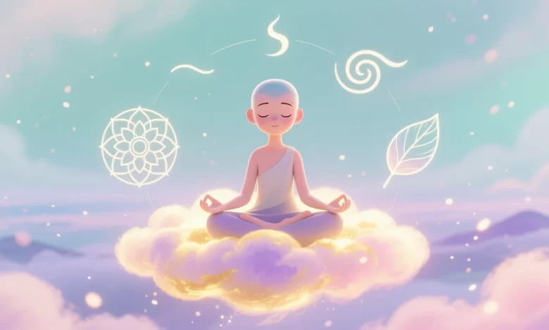 Fiktive Person auf Wolke aus sanftem Licht mit minimalistischen Symbolen für Ruhe, Atem und Natur in Pastelltönen.