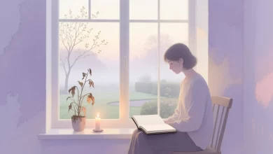 Eine Person sitzt nachdenklich am Fenster mit einem Notizbuch, sanftes Morgenlicht fällt in den ruhigen Raum, Nebel draußen lichtet sich als Symbol für Klarheit nach innerer Dunkelheit.