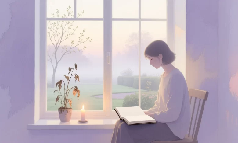 Eine Person sitzt nachdenklich am Fenster mit einem Notizbuch, sanftes Morgenlicht fällt in den ruhigen Raum, Nebel draußen lichtet sich als Symbol für Klarheit nach innerer Dunkelheit.