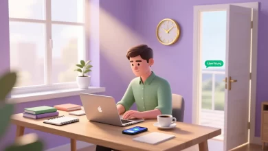 Konzentrierte Person beim Freelancer-Einstieg an modernem Schreibtisch mit Laptop, Symbolen für Wachstum, Zeitmanagement und