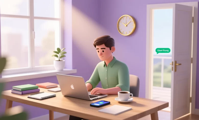 Konzentrierte Person beim Freelancer-Einstieg an modernem Schreibtisch mit Laptop, Symbolen für Wachstum, Zeitmanagement und