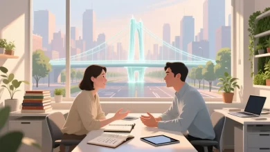 Zwei Personen im professionellen Mentoring-Gespräch unter sanftem Tageslicht, symbolische Brücke im Hintergrund, pastellfarbene Szene mit Elementen des Wissensaustauschs und positiver Lernatmosphäre