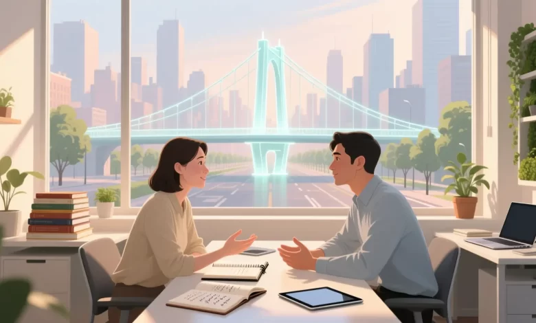 Zwei Personen im professionellen Mentoring-Gespräch unter sanftem Tageslicht, symbolische Brücke im Hintergrund, pastellfarbene Szene mit Elementen des Wissensaustauschs und positiver Lernatmosphäre