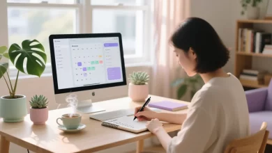 Ruhige Homeoffice-Szene mit fokussierter Person, digitaler Planung, natürlichem Licht und ausgewogener Arbeitsatmosphäre