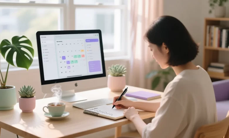 Ruhige Homeoffice-Szene mit fokussierter Person, digitaler Planung, natürlichem Licht und ausgewogener Arbeitsatmosphäre